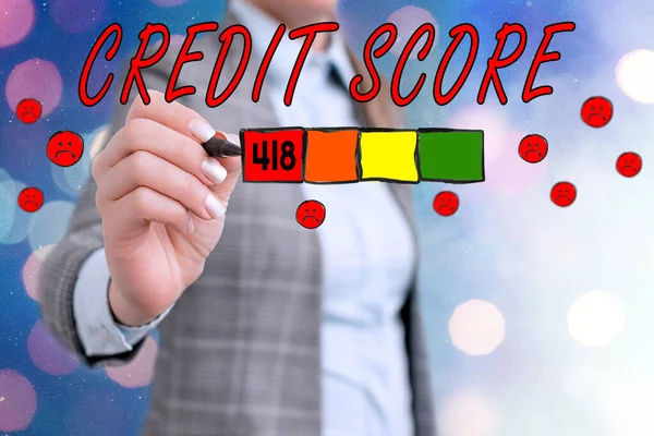 Word writing text Credit Score. Business concept for Report credit score for banking application to asses risk based on the behaviours of the user or client. Assessing credit score for mortgage or — 图库照片