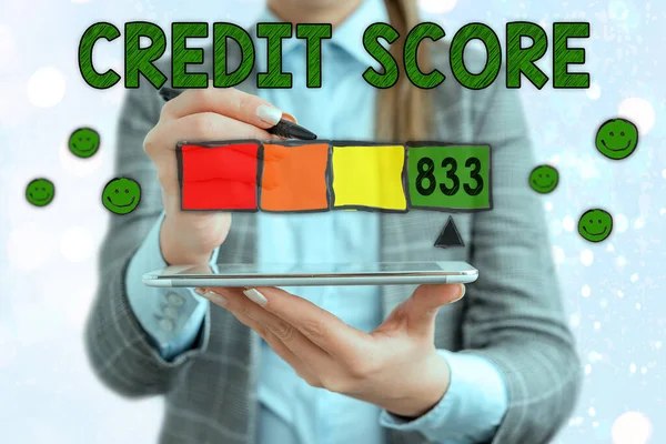 Text sign showing Credit Score. Conceptual photo Report credit score for banking application to asses risk based on the behaviours of the user or client. Assessing credit score for mortgage or loan