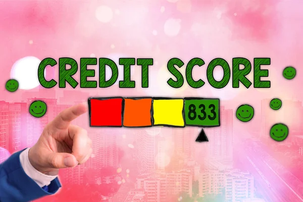 Writing note showing Credit Score. Business photo showcasing Report credit score for banking application to asses risk based on the behaviours of the user or client. Assessing credit score for