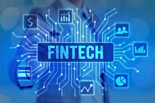 Texto de escritura de palabras Fintech. Concepto de negocio para el concepto de tecnología financiera. Permitir a través de Tech y Fin FinTech construir sistemas y conceptos sin bancos .. — Foto de Stock