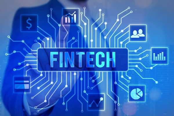 Signo de texto que muestra Fintech. Foto conceptual Concepto de tecnología financiera. Permitir a través de Tech y Fin FinTech construir sistemas y conceptos sin bancos .. — Foto de Stock