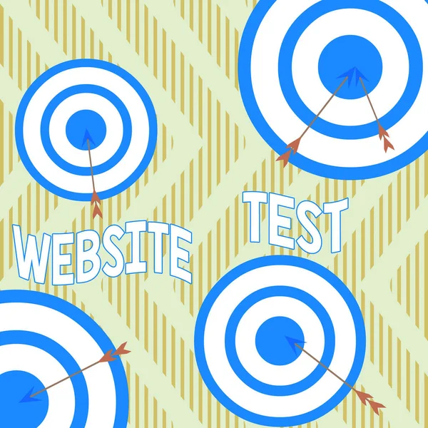 Segno di testo che mostra il test del sito web. Foto concettuale testare i siti web o le applicazioni web per potenziali bug Freccia e bersaglio rotondo all'interno di un oggetto di forma asimmetrica design multicolore . — Foto Stock