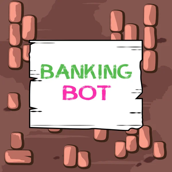 Word writing text Banking Bot. Business concept for application that runs automated banking tasks over the Internet Wooden square plank empty frame slots grooves wood panel colored board lumber. — Stockfoto