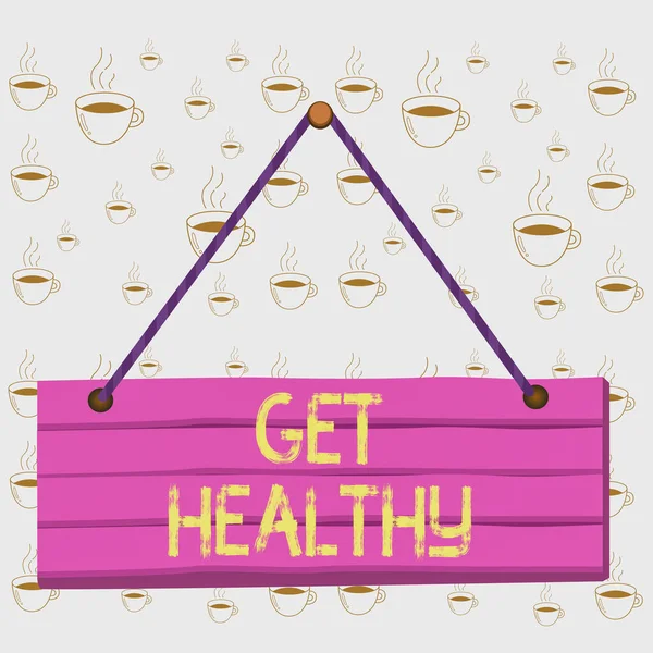 Writing note showing Get Healthy. Business photo showcasing possessing or enjoying good health or a sound mentality Wood plank nail pin string board colorful background wooden panel fixed. — Stock Fotó