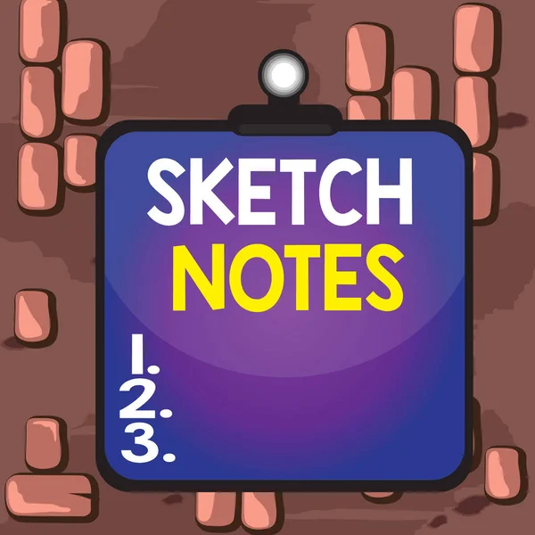 Word writing text Sketch Notes. Business concept for visual notetaking Combination of notetaking and doodling Clipboard colorful background spring clip stuck bind empty plank frame. — 图库照片