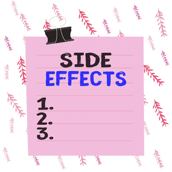 Handwriting text writing Side Effects. Concept meaning secondary undesirable effect of a drug or medical treatment Paper lines binder clip cardboard blank square notebook color background.