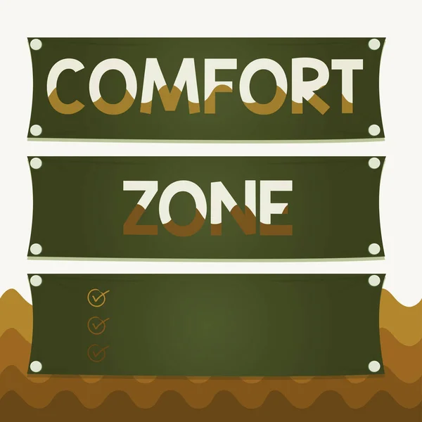 Conceptual hand writing showing Comfort Zone. Business photo text place or situation where one feels safe and without stress Wooden panel attached nail on colorful background plank wood.