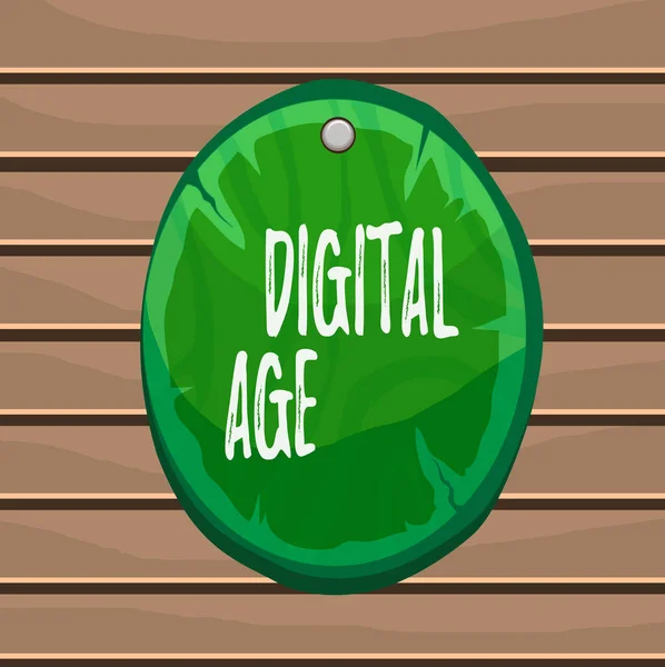 Conceptual hand writing showing Digital Age. Business photo text introduction of the demonstratingal computer with subsequent technology Oval plank round wooden board circle shaped wood background. — Stok fotoğraf