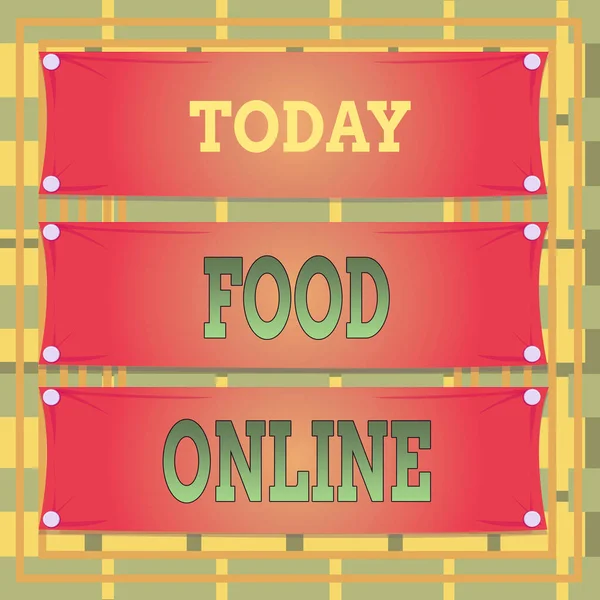 Text sign showing Food Online. Conceptual photo most convenient way for customers to purchase food online Wooden panel attached nail colorful background rectangle lumber plank wood. — Stockfoto