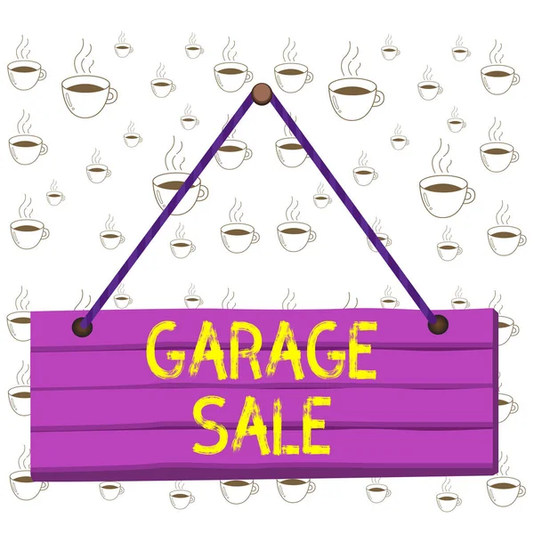 Writing note showing Garage Sale. Business photo showcasing sale of miscellaneous household goods often held in the garage Wood plank nail pin string board colorful background wooden panel fixed. — Stockfoto