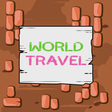Dünya Seyahati 'nde kelime yazarlığı. Uzak coğrafi konumlar arasındaki hareketin iş konsepti. Ahşap kare çerçeve yuvaları ahşap panel renkli kereste oyukları.