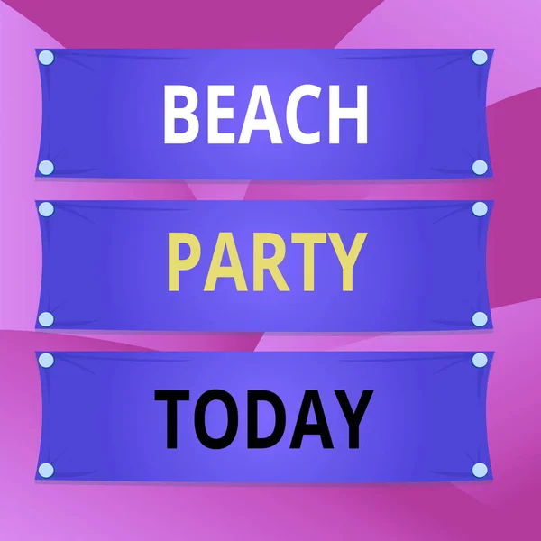 Handwriting text writing Beach Party. Concept meaning large group of showing are organizing an event at the beach Wooden panel attached nail colorful background rectangle lumber plank wood. — Zdjęcie stockowe