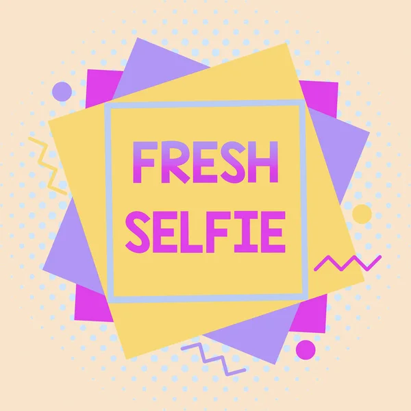 Writing note showing Fresh Selfie. Business photo showcasing take a picture of yourself with no makeup filter or edit Asymmetrical format pattern object outline multicolor design. — 图库照片