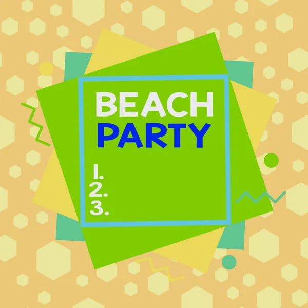 Conceptual hand writing showing Beach Party. Business photo text large group of showing are organizing an event at the beach Asymmetrical format pattern object outline multicolor design. — Φωτογραφία Αρχείου