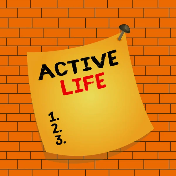 Text sign showing Active Life. Conceptual photo way of life that integrates physical activity into your everyday Curved reminder paper memo nailed colorful surface stuck blank pin frame. — Zdjęcie stockowe