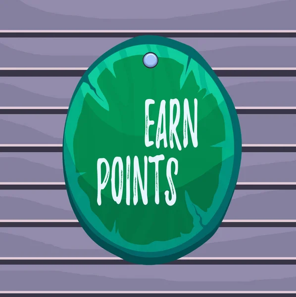 Conceptual hand writing showing Earn Points. Business photo text to get praise or approval for something you have done or buy Oval plank round wooden board circle shaped wood background. — Stock fotografie