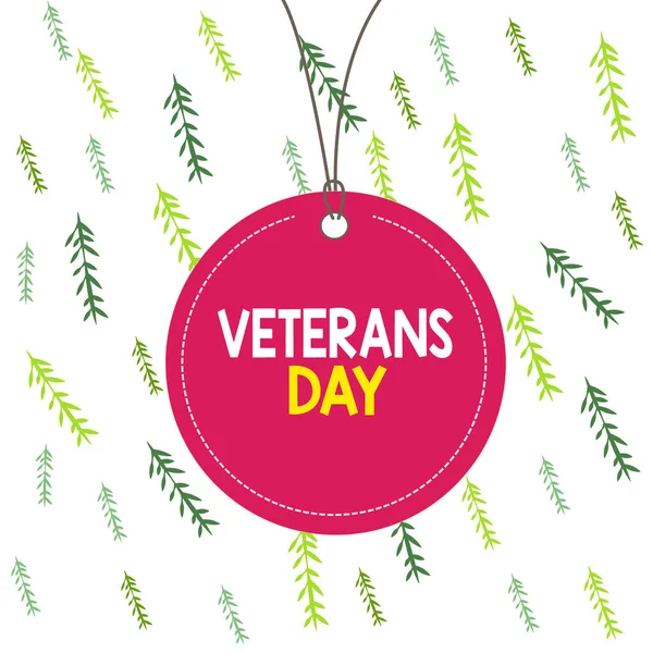 Handwriting text Veterans Day. Concept meaning a public holiday to honour US veterans and victims of all wars Badge circle label string rounded empty tag colorful background small shape.