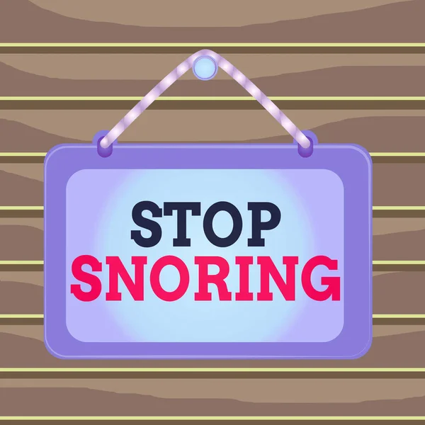 Conceptual hand writing showing Stop Snoring. Business photo showcasing noisy breathing during sleep due to vibrating airway tissue Board fixed nail frame colored background rectangle panel.