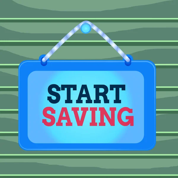 Conceptual hand writing showing Start Saving. Business photo showcasing money that a demonstrating keeps in an account in a bank or like Board fixed nail frame colored background rectangle panel.