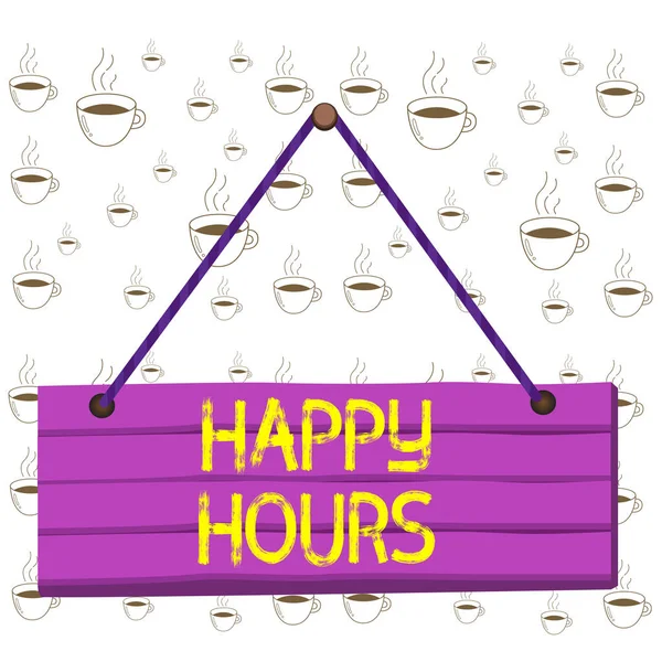 Skriva lapp som visar Happy Hours. Affärsfoto visa upp när drycker säljs till reducerade priser i en bar eller restaurang Trä planka spik snöre styrelse färgglada bakgrund trä panel fast. — Stockfoto