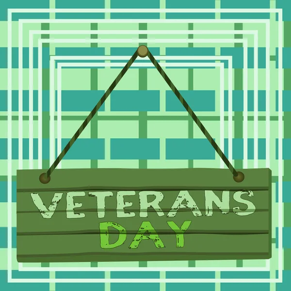 Text sign showing Veterans Day. Conceptual photo a public holiday to honour US veterans and victims of all wars Wood plank nail pin string board colorful background wooden panel fixed.