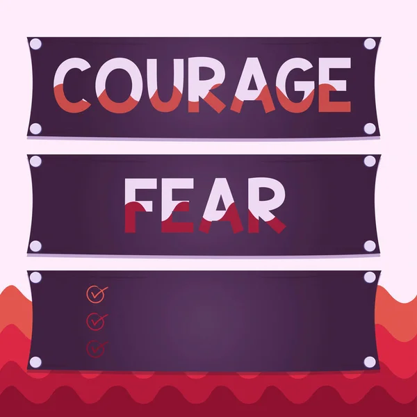 Conceptual hand writing showing Courage Fear. Business photo text quality of mind that enables a demonstrating to face difficulty Wooden panel attached nail on colorful background plank wood.