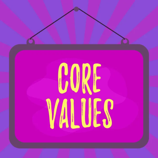Kelime yazma Core Values. Temel inançlar için iş kavramı veya bir gösteri veya organizasyon asimetrik düzensiz biçim motifi nesne ana hatları çok renkli tasarım. — Stok fotoğraf
