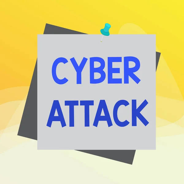 Writing note showing Cyber Attack. Business photo showcasing attempt by hackers to damage or destroy a computer network Reminder color background thumbtack tack memo pin square. — Stock Photo, Image