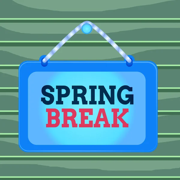Conceptual hand writing showing Spring Break. Business photo showcasing week s is vacation for students in the spring typically at Easter Board fixed nail frame colored background rectangle panel.