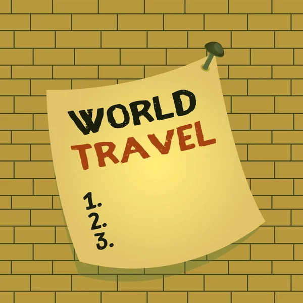 Text sign showing World Travel. Conceptual photo the movement of showing between distant geographical locations Curved reminder paper memo nailed colorful surface stuck blank pin frame. — Stock Photo, Image
