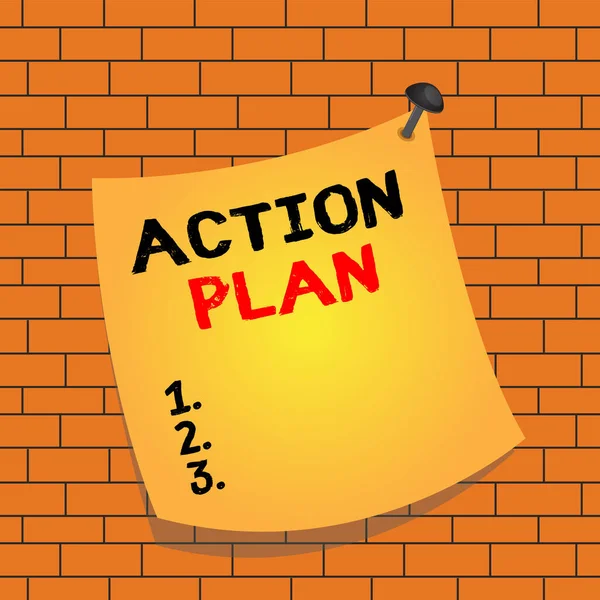 Text sign showing Action Plan. Conceptual photo the detailed plan outlining actions needed to reach goals Curved reminder paper memo nailed colorful surface stuck blank pin frame.