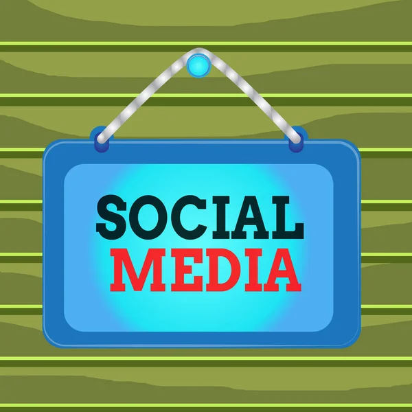 Conceptual hand writing showing Social Media. Business photo showcasing collective of online communications channels or networking Board fixed nail frame colored background rectangle panel.