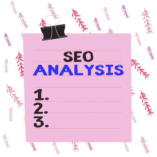 Escritura a mano de texto Seo Analysis. Concepto significado herramienta ayuda a mostrar a estudiar cómo mejorar un sitio web ranking Líneas de papel sujetador clip cartón en blanco cuaderno cuadrado color fondo . —  Fotos de Stock