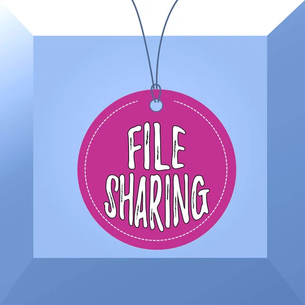 Conceptual hand writing showing File Sharing. Business photo showcasing transmit files from one computer to another over a network Label string round empty tag colorful background small shape.