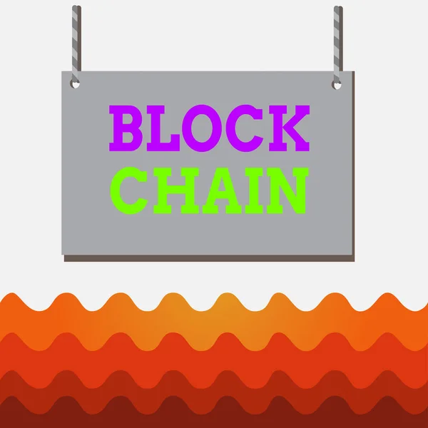 Scrittura concettuale a mano che mostra Block Chain. Sistema di testo foto aziendali in cui un record di transazioni effettuate in bitcoin legno bordo vuoto cornice fissa stringa a strisce colorate . — Foto Stock