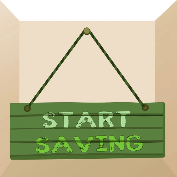 Conceptual hand writing showing Start Saving. Business photo text money that a demonstrating keeps in an account in a bank or like Wood plank nail pin colorful background wooden panel fixed. — Stock Photo, Image