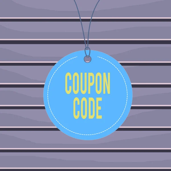 Conceptual hand writing showing Coupon Code. Business photo text ticket or document that can be redeemed for a financial discount Label string round empty tag colorful background small shape. — Stock Photo, Image