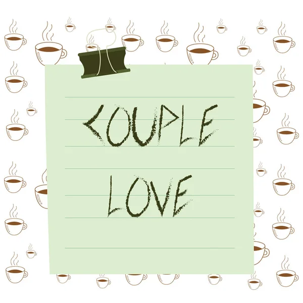 Writing note showing Couple Love. Business photo showcasing two showing who love each other very much Feeling pleasure Paper lines binder clip suare notebook color background.