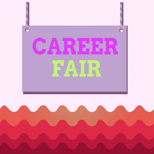 Conceptual hand writing showing Career Fair. Business photo text an event at which job seekers can meet possible employers Wooden board wood empty frame fixed colorful striped string. — 스톡 사진