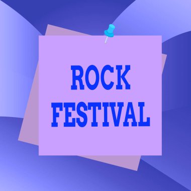Handwriting text Rock Festival. Concept meaning Largescale rock music concert featuring heavy metals genre Reminder color background thumbtack tack memo attached office pin square.