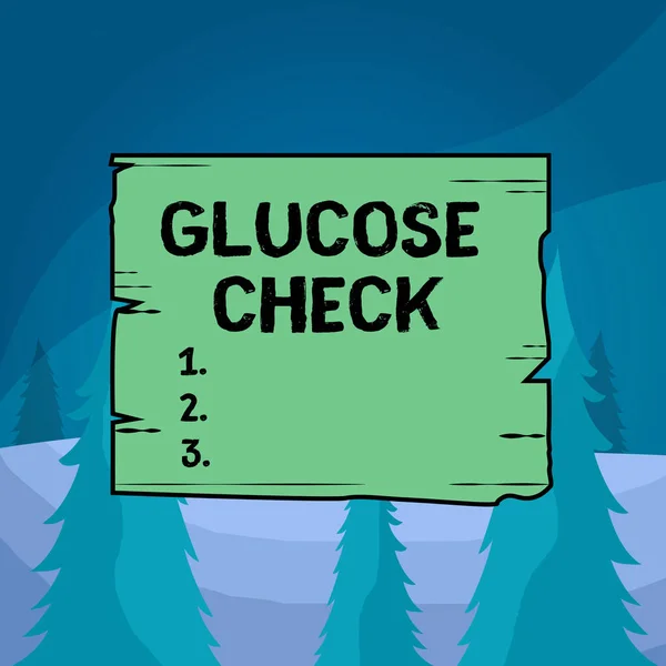 Word writing text Glucose Check. Business concept for procedure that measures the amount of sugar in a blood Wooden square plank empty frame slots grooves wood panel colored board lumber. — Stockfoto