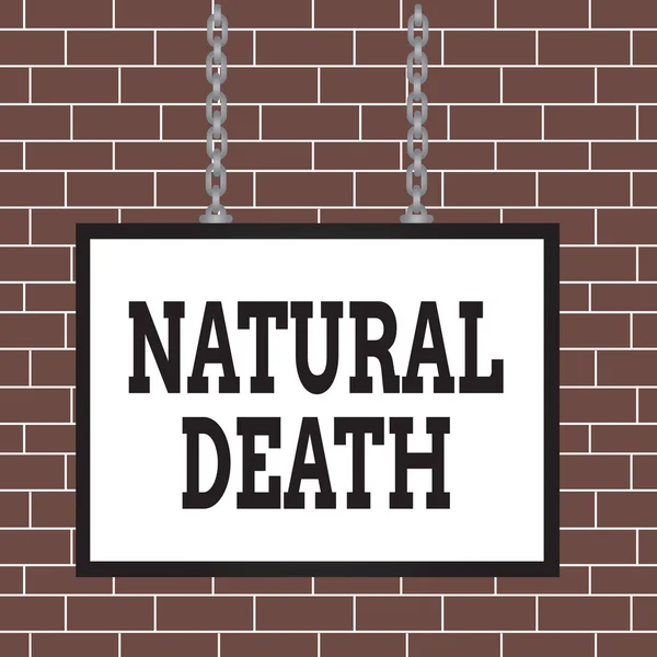 Text sign showing Natural Death. Conceptual photo occurring in the course of nature and from natural causes Whiteboard rectangle frame empty space attached surface chain blank panel. — Stok fotoğraf