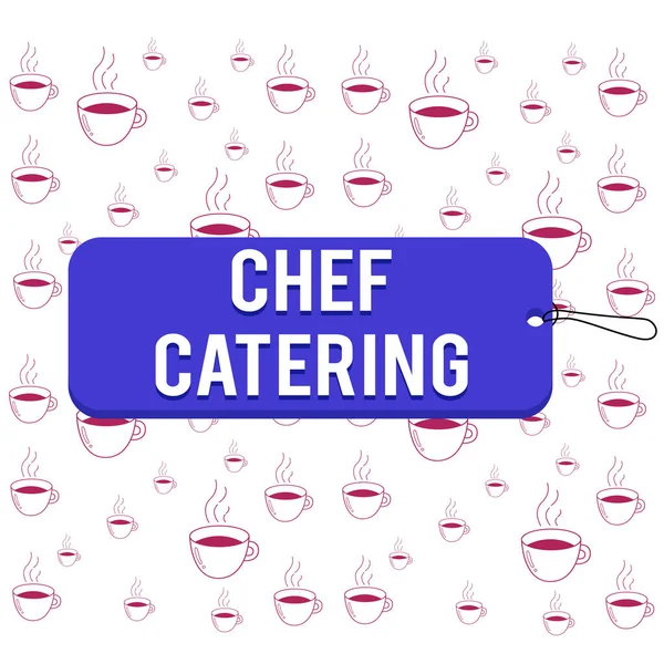 Writing note showing Chef Catering. Business photo showcasing Provides services, food and beverages for various events Label tag badge rectangle shaped empty space string colorful background. — Stockfoto
