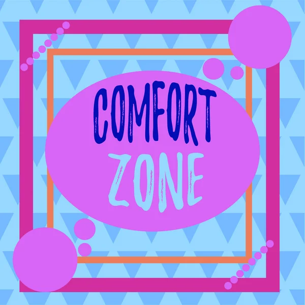 Conceptual hand writing showing Comfort Zone. Business photo text place or situation where one feels safe and without stress Asymmetrical format pattern object outline multicolor design. — Stock fotografie