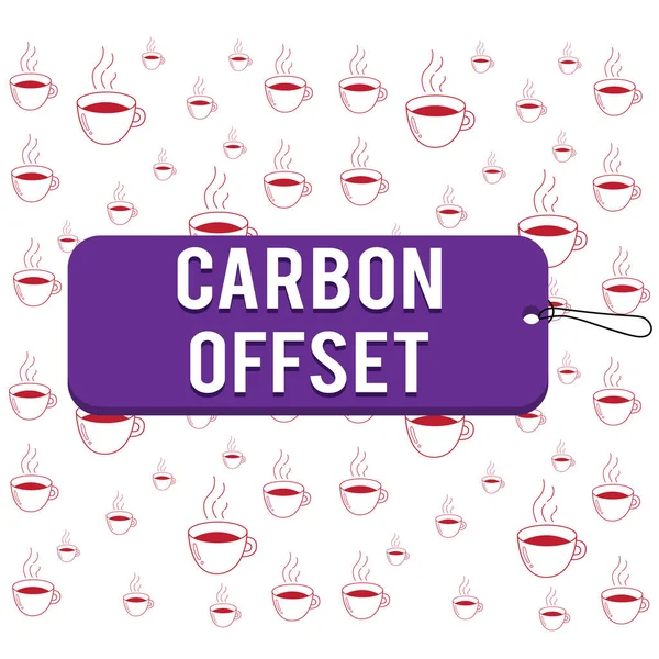 Writing note showing Carbon Offset. Business photo showcasing Reduction in emissions of carbon dioxide or other gases Label tag badge rectangle shaped empty space string colorful background. — Stockfoto