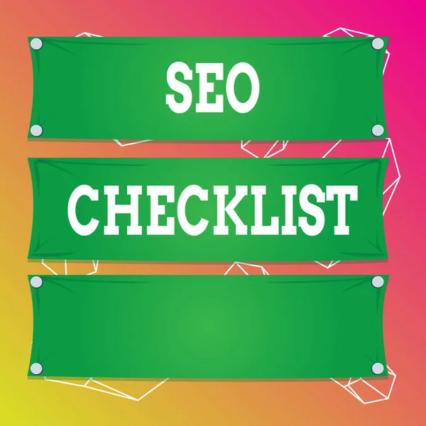 Kata menulis teks Seo Checklist. Konsep bisnis untuk daftar butir yang diperlukan untuk mengoptimalkan panel mesin pencari panel kayu dengan latar belakang yang berwarna-warni persegi panjang kayu papan . — Stok Foto