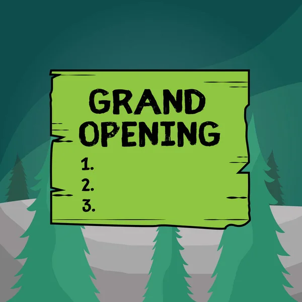 Word writing text Grand Opening. Business concept for held to mark the opening of a new business or public place Wooden square plank empty frame slots grooves wood panel colored board lumber. — Stockfoto