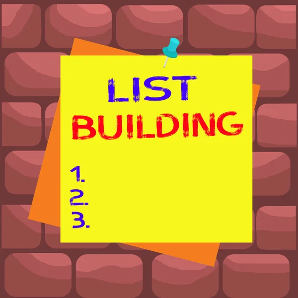 Handwriting text List Building. Concept meaning database of showing you can contact with your marketing message Reminder color background thumbtack tack memo attached office pin square. — Zdjęcie stockowe