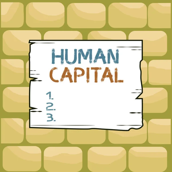 Handwriting text writing Huanalysis Capital. Concept meaning quantification of the economic value of a worker skill set Wooden square plank empty frame slots grooves wood panel colored board lumber. — Stockfoto