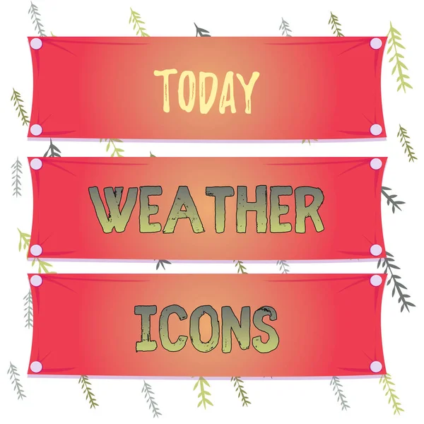 Texto manuscrito Weather Icons. Concepto que significa Parcelado en una tabla sinóptica utilizada para pronosticar el tiempo Panel de madera unido clavo colorido fondo rectángulo madera tablón . —  Fotos de Stock